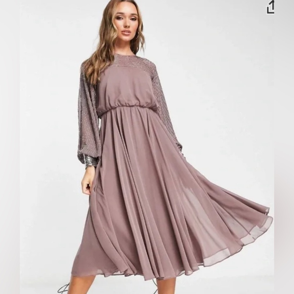 NWT ASOS Design Mauve Purple Long Sleeve Beaded Embellished Midi Dress - Picture 2 of 11